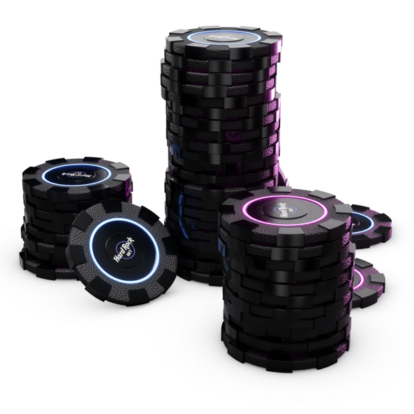a stack of casino chips with Hard Rock logo