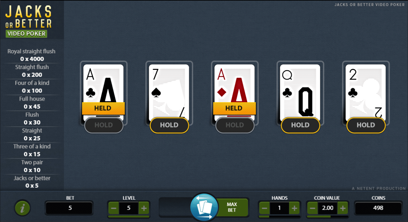 Jacks or Better - hold high pairs