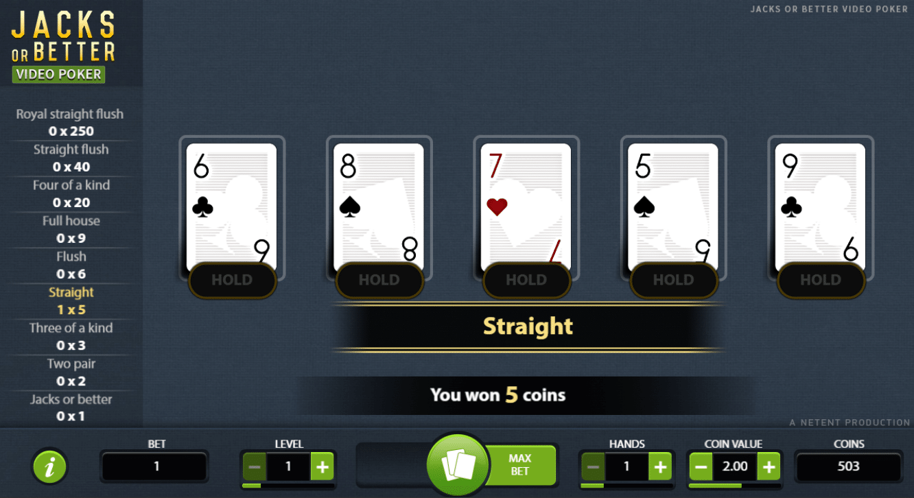 Jacks or Better Video Poker straight hand