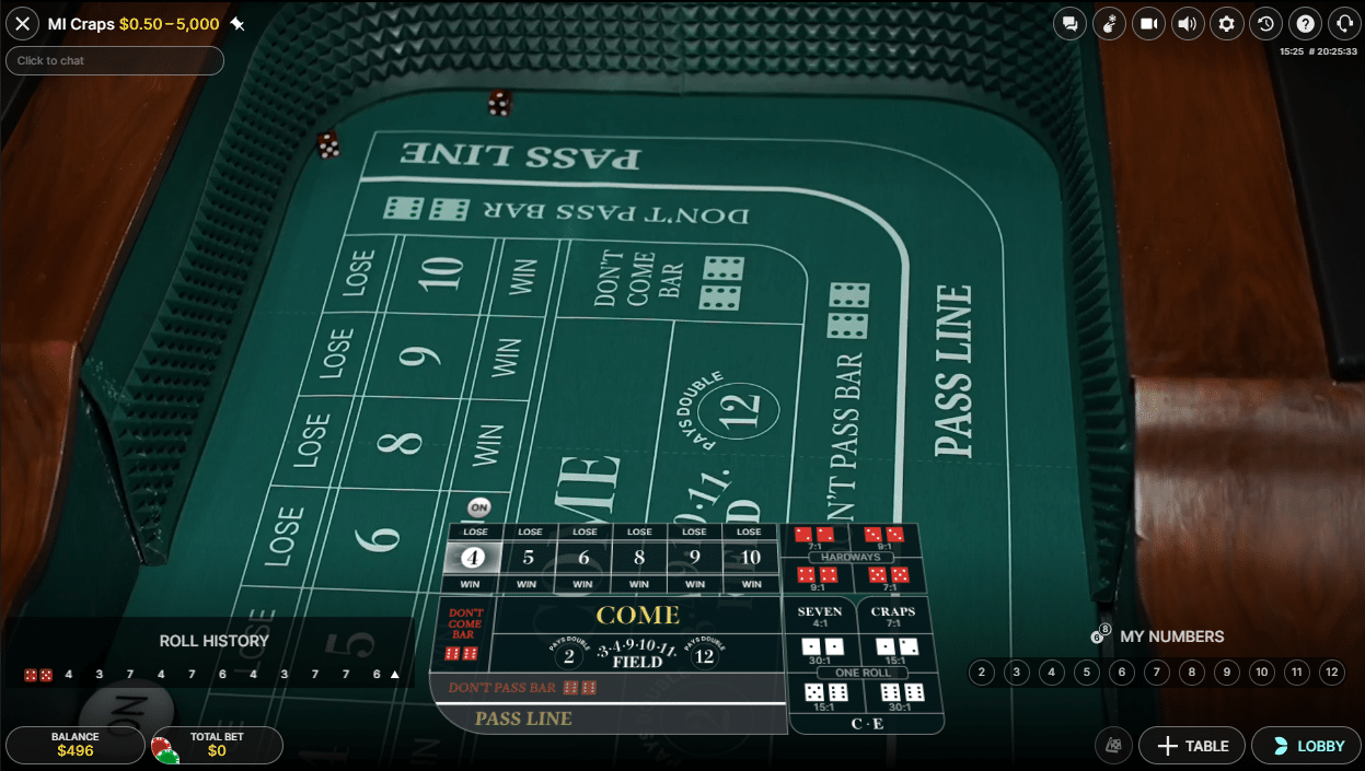 Live Dealer Craps table