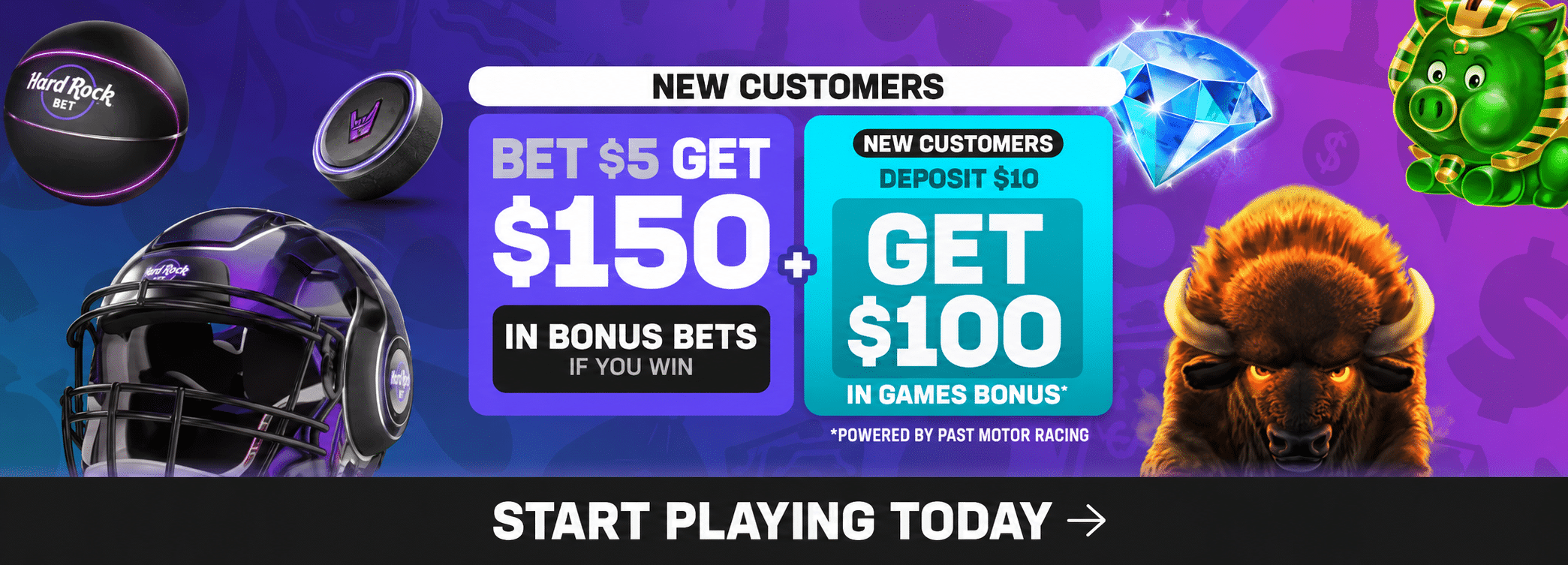 Florida Geo banner where you can get $150 after you bet $5 and get $100 in Games bonus when you deposit $10+ at Hard Rock Bet FLorida