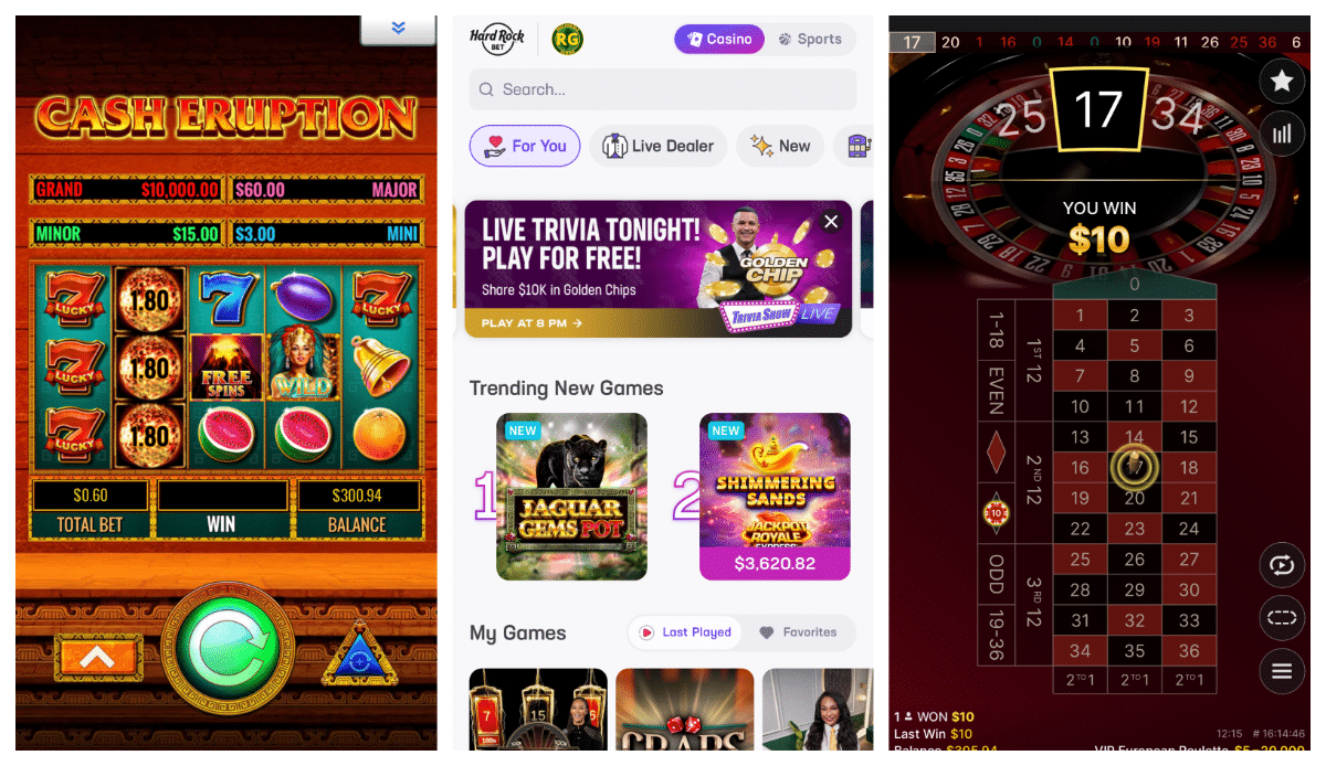 Collage of Hard Rock Bet Casino app including cash eruption, homescreen and roulette