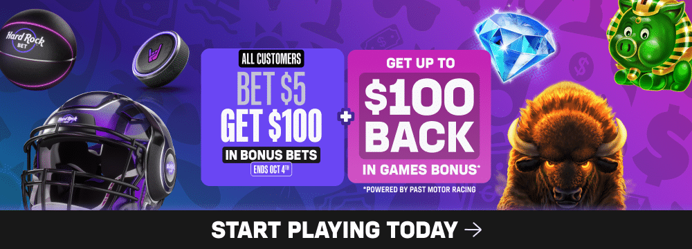 Florida Geo banner where you can get $100 after you bet $5 and get $100 in Games bonus when you deposit $10+ at Hard Rock Bet FLorida