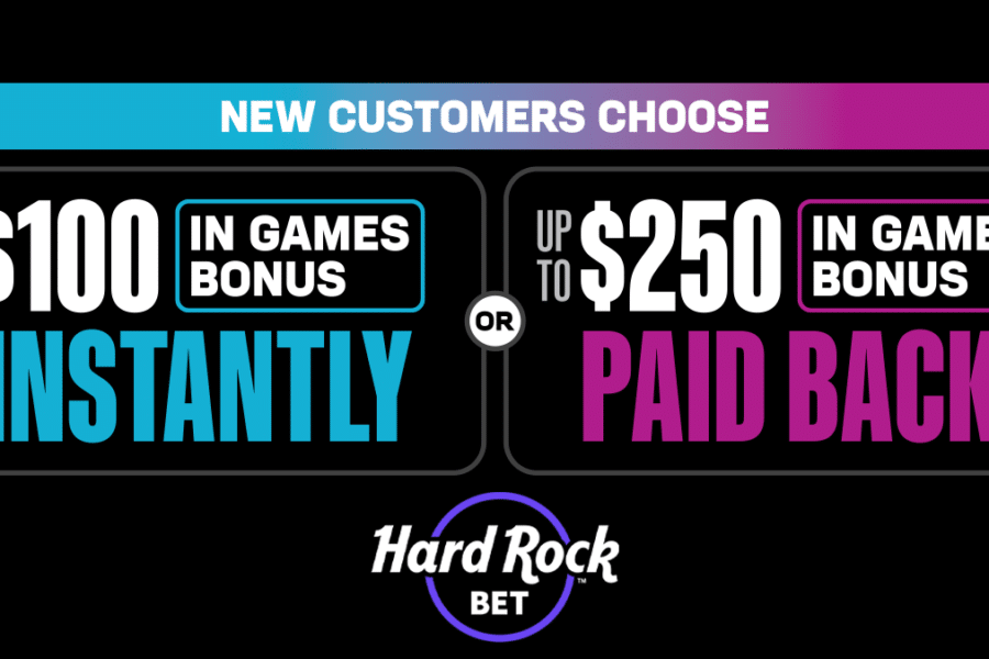 New customers choose - $100 in games bonus instantly or up to $250 in games bonus paid back